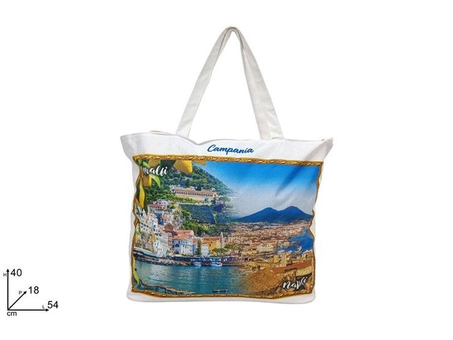 Borsa Mare Tote in Tessuto Bianco con Stampe Campania, Amalfi e Napoli Due Esse