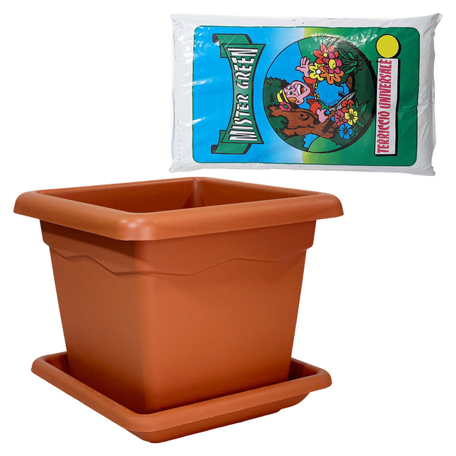 Duplast Vaso Vulcano Quadrato Colore Terracotta cm. 32x32 / 40x40 / 44x44 Made in Italy Set Vaso + Sottovaso + Terriccio Duplast