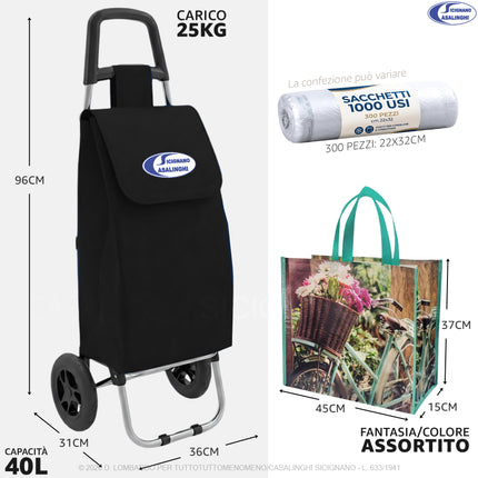 Smart Grocery System 3-in-1: Trolley Rolly 40L + Shopper Termica + 300 Sacchetti Freezer (Kit Completo) Nero Casalinghi Sicignano