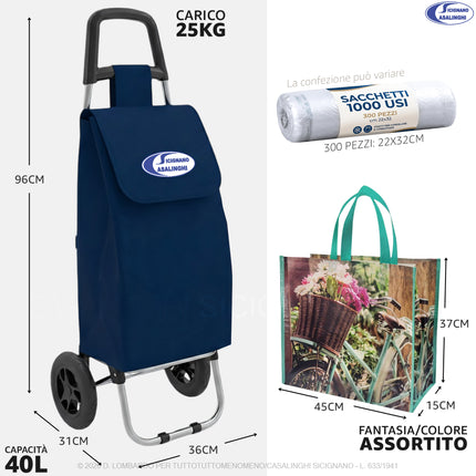 Smart Grocery System 3-in-1: Trolley Rolly 40L + Shopper Termica + 300 Sacchetti Freezer (Kit Completo) Blu navy Casalinghi Sicignano
