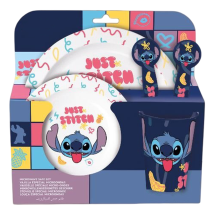 Set Pappa 5 Pezzi Microonde – Piatto, Ciotola, Bicchiere e Posate con Personaggi (Hello Kitty, Spiderman, Minnie, Stitch) Stitch EOL Distribuzione
