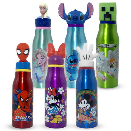 Borraccia Alluminio 3D Bambini 690ml Minecraft Stitch Spiderman Frozen Mickey