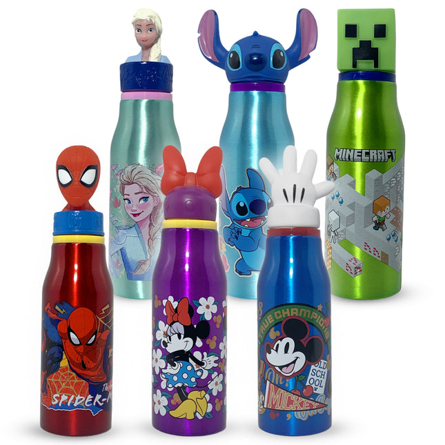 Borraccia Alluminio 3D Bambini 690ml Minecraft Stitch Spiderman Frozen Mickey EOL Distribuzione