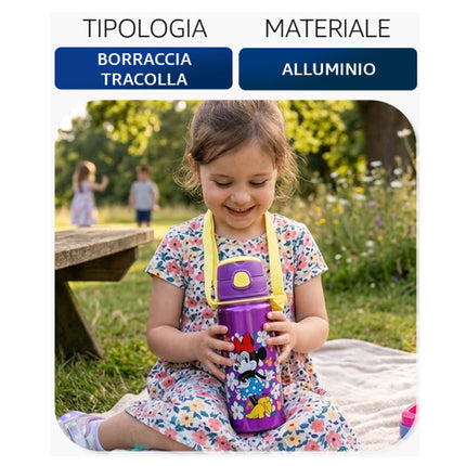 Borraccia Alluminio Bambini con Tracolla 730ml Spiderman Stitch Mickey Frozen