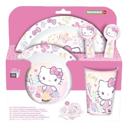 Set Pappa 5 Pezzi Microonde – Piatto, Ciotola, Bicchiere e Posate con Personaggi (Hello Kitty, Spiderman, Minnie, Stitch) Hello Kitty EOL Distribuzione