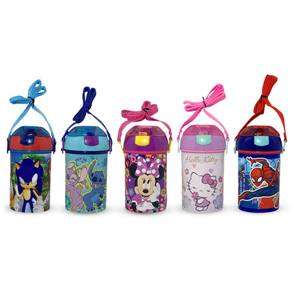 Borraccia Bambini con Tracolla 450ml Stitch Spiderman Sonic Minnie