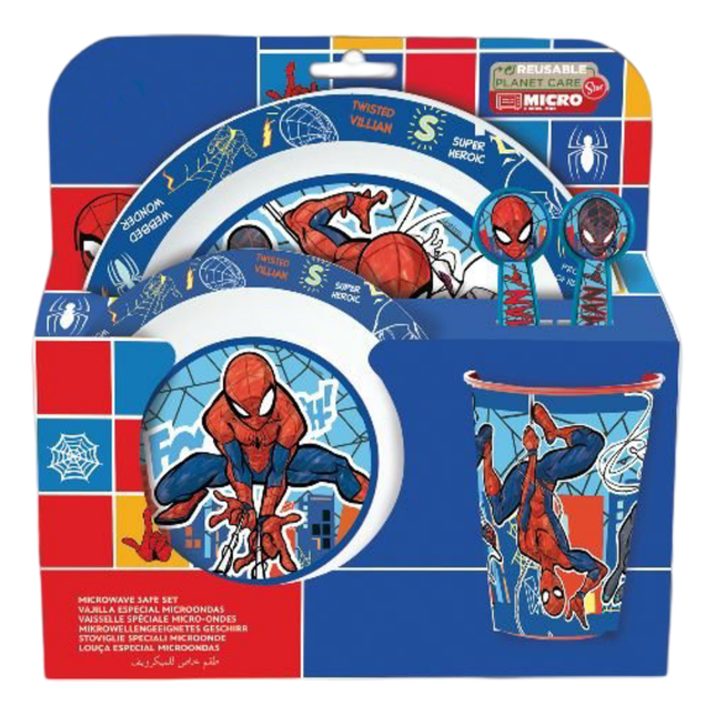 Set Pappa 5 Pezzi Microonde – Piatto, Ciotola, Bicchiere e Posate con Personaggi (Hello Kitty, Spiderman, Minnie, Stitch) Spiderman EOL Distribuzione
