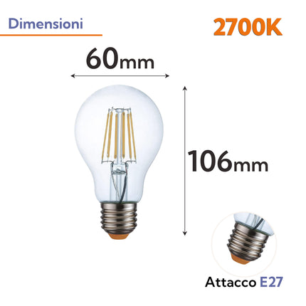 Lampadina LED E27 Filamento Bulbo A60 10W | Luce Calda 2700K | 1000 Lumen eQuickly