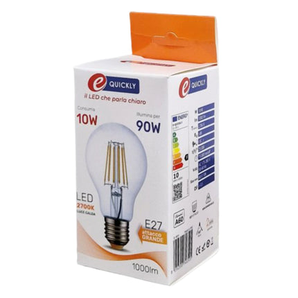Lampadina LED E27 Filamento Bulbo A60 10W | Luce Calda 2700K | 1000 Lumen eQuickly