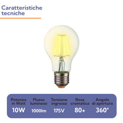 Lampadina LED E27 Filamento Bulbo A60 10W | Luce Calda 2700K | 1000 Lumen eQuickly
