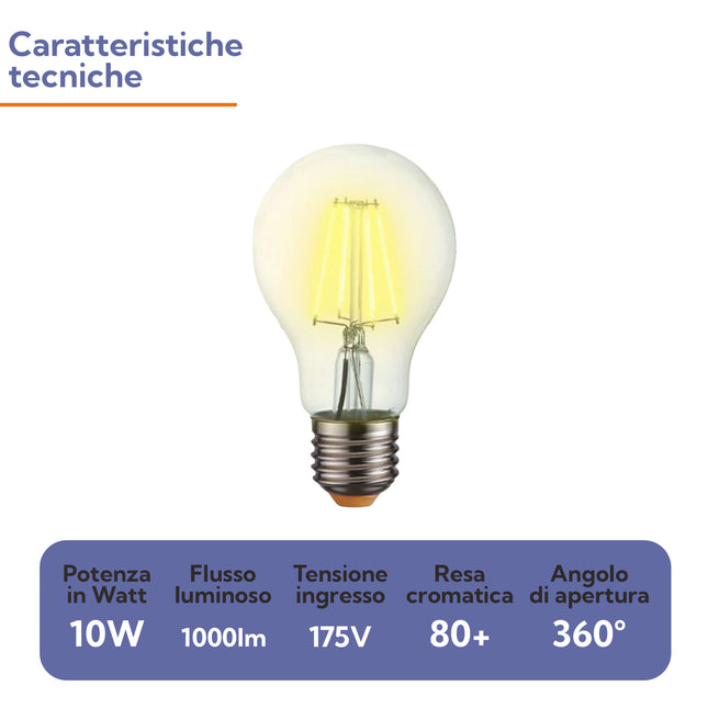 Lampadina LED E27 Filamento Bulbo A60 10W | Luce Calda 2700K | 1000 Lumen eQuickly