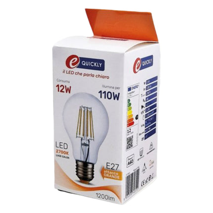 Lampadina LED E27 Filamento Bulbo A60 12W | Luce Calda 2700K | 1200 Lumen eQuickly