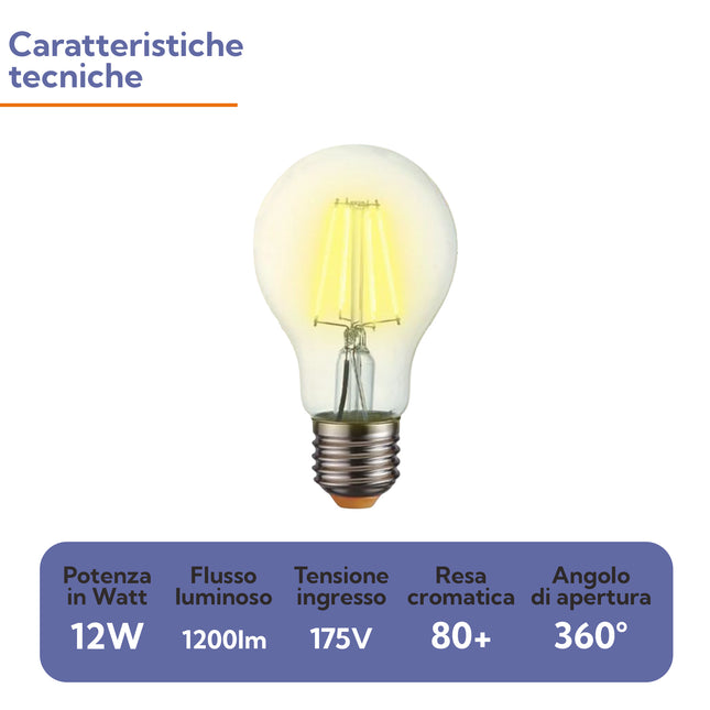 Lampadina LED E27 Filamento Bulbo A60 12W | Luce Calda 2700K | 1200 Lumen eQuickly