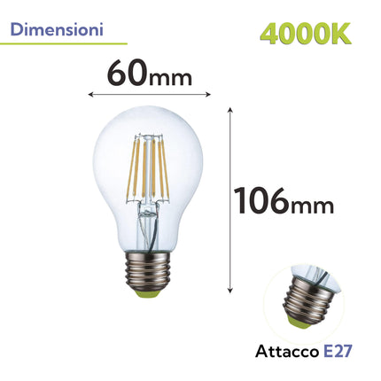 Lampadina LED E27 Filamento Bulbo A60 12W | Luce Naturale 4000K | 1200 Lumen eQuickly