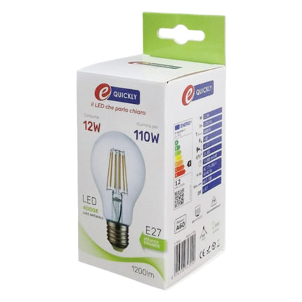 Lampadina LED E27 Filamento Bulbo A60 12W | Luce Naturale 4000K | 1200 Lumen eQuickly