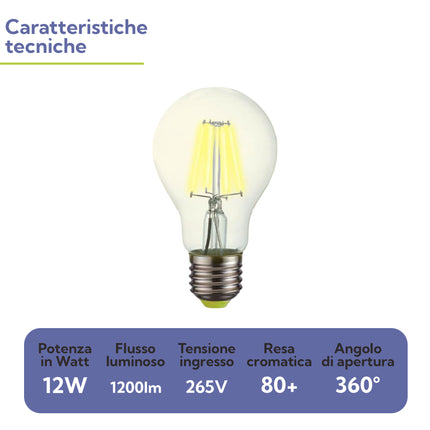Lampadina LED E27 Filamento Bulbo A60 12W | Luce Naturale 4000K | 1200 Lumen eQuickly