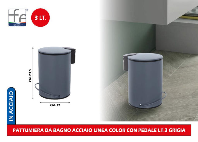 Pattumiera da Bagno in Acciaio Linea Color con Pedale Lt.3 Design Moderno e Funzionale Grigio Feridras