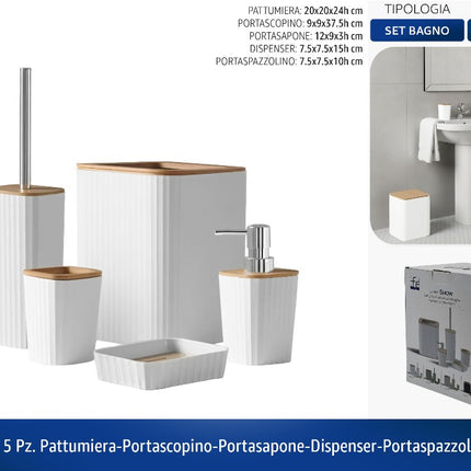 SET BAGNO 5 PZ. PATTUMIERA-PORTASCOPINO-PORTASAPONE-DISPENSER-PORTASPAZZOLINO BIANCO Feridras
