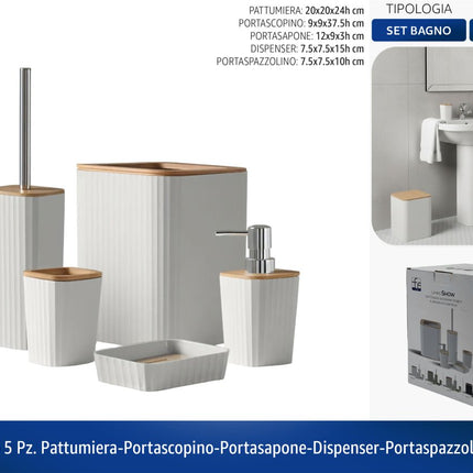 Set Bagno 5 Pezzi Plastica Bamboo Pattumiera Dispenser Scopino Vari Colori