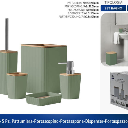 SET BAGNO 5 PZ. PATTUMIERA-PORTASCOPINO-PORTASAPONE-DISPENSER-PORTASPAZZOLINO VERDE Feridras