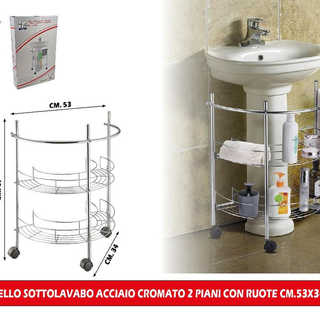Carrello Sottolavabo Acciaio Cromato 2 Piani Con Ruote Cm.53X34X67H