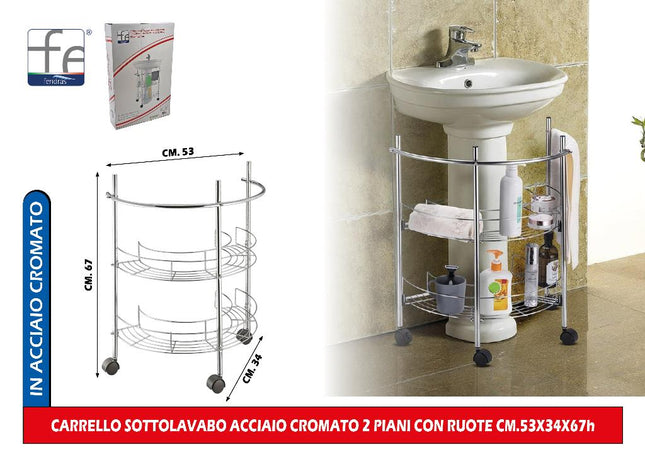Carrello Sottolavabo Acciaio Cromato 2 Piani Con Ruote Cm.53X34X67H Feridras