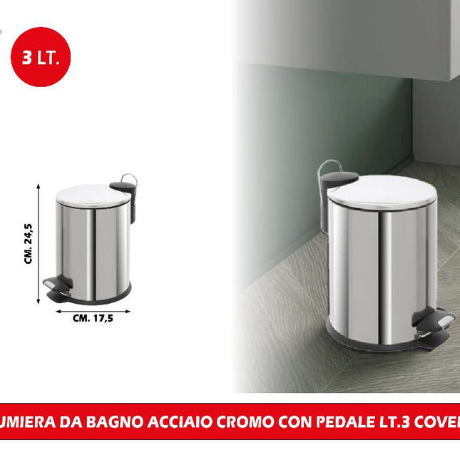 Pattumiera Da Bagno Cover Slim Acciaio Con Pedale Lt.3 Design Moderno e Funzionale