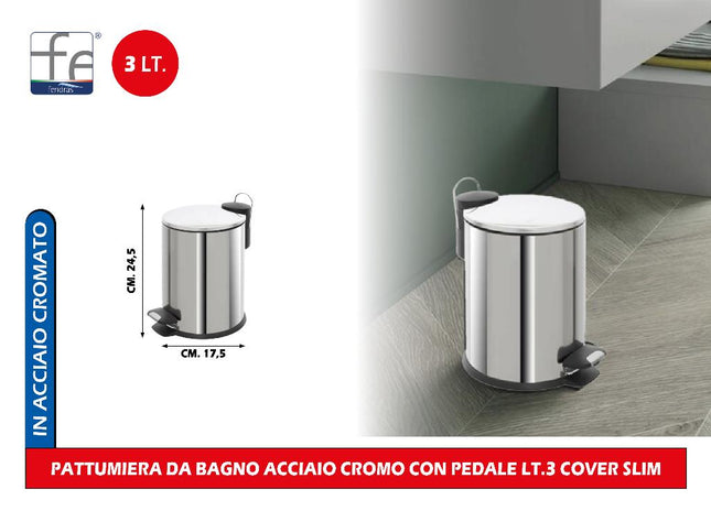 Pattumiera Da Bagno Cover Slim Acciaio Con Pedale Lt.3 Design Moderno e Funzionale Feridras