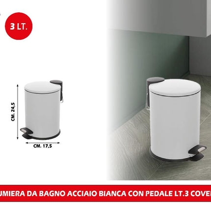Pattumiera Da Bagno Cover Slim Acciaio Con Pedale Lt.3 Design Moderno e Funzionale