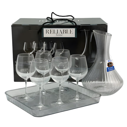 Set Decanter 1.7L con 6 Calici in Vetro e Vassoio Plastico - Kit 8 Pezzi Distribuzione Casa Group srl