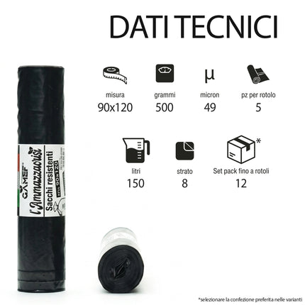 Sacchetti Immondizia Neri Cf. 5 Pz. Cm.90x120 Gamef