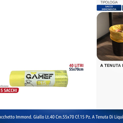 Sacchetti Immondizia Lt.40 Cm.55x70 A Tenuta di Liquidi | Diversi Colori Giallo Gamef