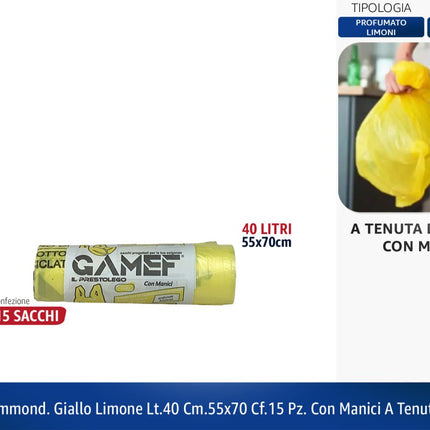 Sacchetto Immondizia 40L 55x70cm Con Manici a Tenuta di Liquidi | Diversi Colori Giallo Limone Gamef