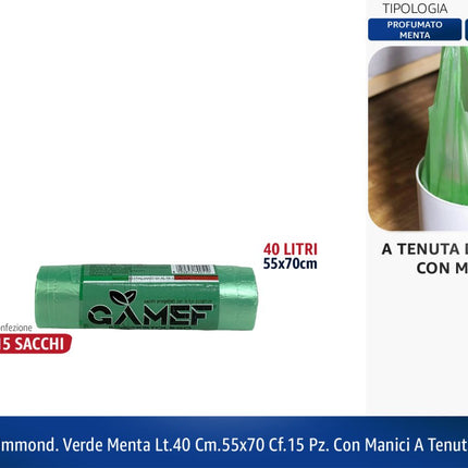 Sacchetto Immondizia 40L 55x70cm Con Manici a Tenuta di Liquidi | Diversi Colori Verde Menta Gamef