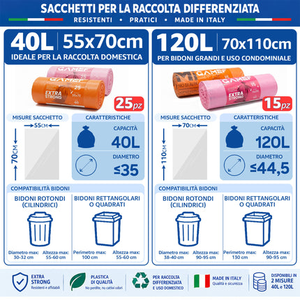 Sacchi Immondizia 40L / 120L Extra Strong Gamef, Polietilene ad Alta Densità Gamef