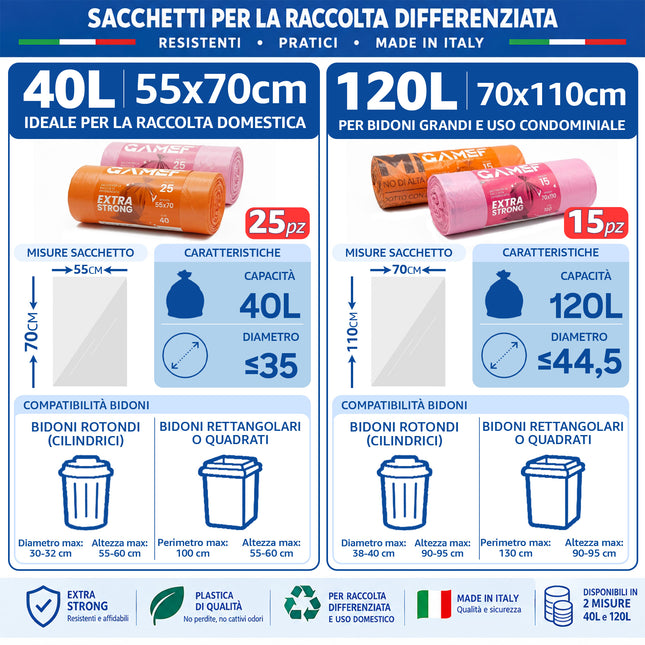 Sacchi Immondizia 40L / 120L Extra Strong Gamef, Polietilene ad Alta Densità Gamef