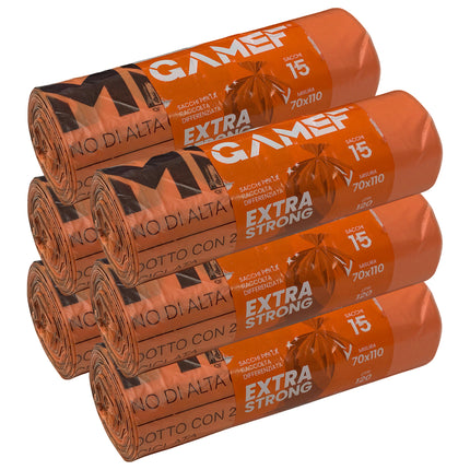 Sacchi Immondizia 40L / 120L Extra Strong Gamef, Polietilene ad Alta Densità ARANCIONE - 120L (cf. 15pz) Gamef