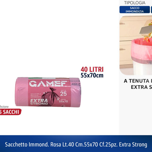 Sacchetto Immondizia Extra Strong 70x110cm (120L) e 55x70 cm (40L) | Rosa e Arancione 40L (cf. 25pz) Rosa Gamef