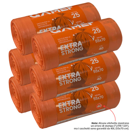 Sacchi Immondizia 40L / 120L Extra Strong Gamef, Polietilene ad Alta Densità ARANCIONE - 40L (cf. 25pz) Gamef