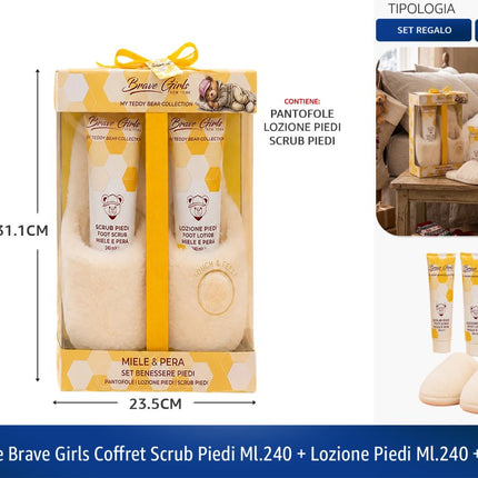 Set Regalo Benessere Piedi Brave Girls - Scrub, Lozione Miele e Pera e Pantofole Gima Profumi Srl
