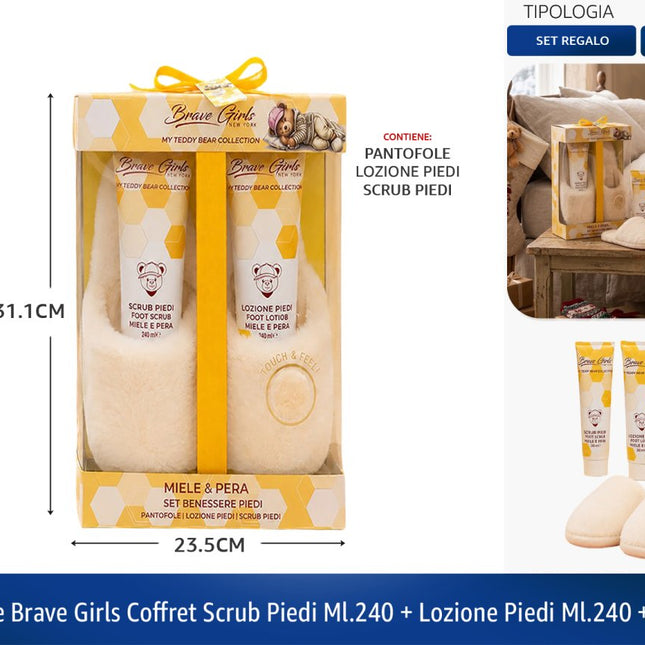 Set Regalo Benessere Piedi Brave Girls - Scrub, Lozione Miele e Pera e Pantofole Gima Profumi Srl