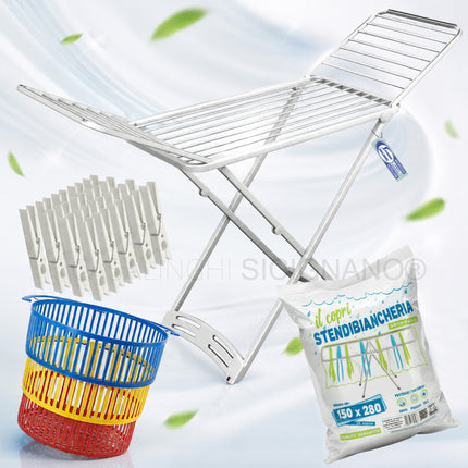 Kit Stendibiancheria Composto da Stendino Zaffiro + Diverse Configurazioni Stendino + Copristendino + 20 mollette + Cestino Vileda