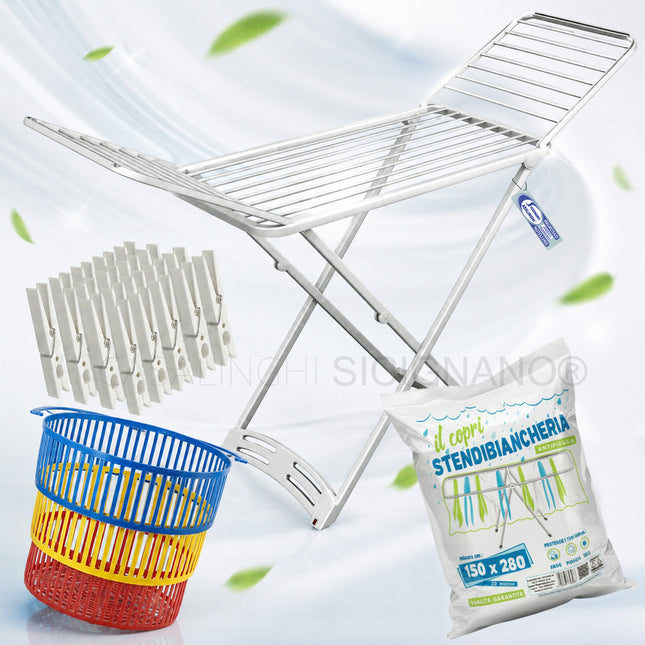 Kit Stendibiancheria Composto da Stendino Zaffiro + Diverse Configurazioni Stendino + Copristendino + 20 mollette + Cestino Vileda