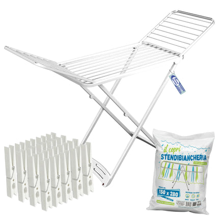 Kit Stendibiancheria Composto da Stendino Zaffiro + Diverse Configurazioni Stendino + Copristendino + 20 mollette Vileda