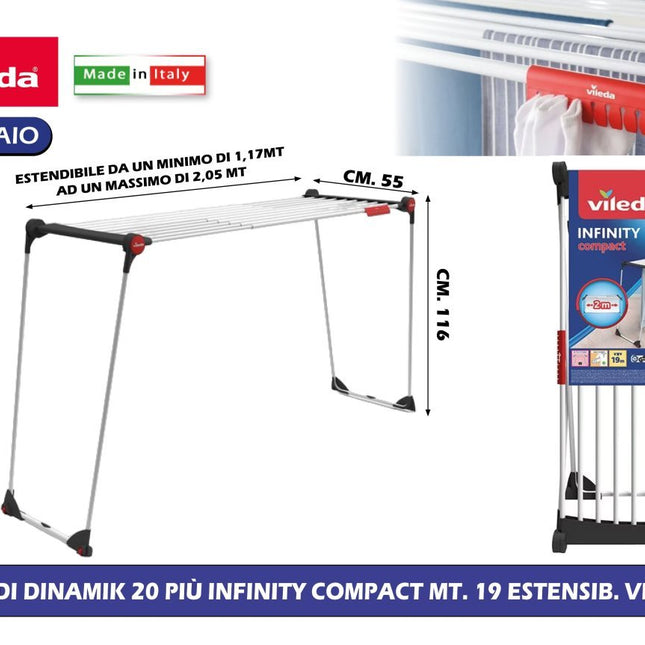 Vileda Infinity Compact – Stendibiancheria Estensibile con Griglia Telescopica fino a 2 m, Fino a 20 m di Stenditura Vileda
