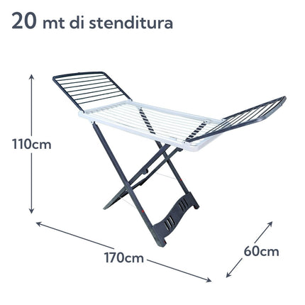 New Garden Stendino Pieghevole Antiscivolo con Ruote Aladino, 20 metri di Stenditura, 100% Resina, con Gancio Sicurezza, Stabile, Made in Italy New Garden