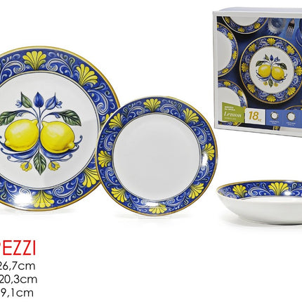 Servizio Piatti 18 Pezzi Porcellana Lemon – Set 6 Persone con Decoro Limoni Blu e Oro Stile Mediterraneo General Trade