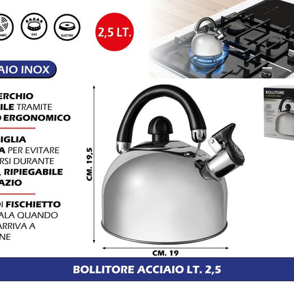 Bollitore in Acciaio Inox 2,5 Litri da Cucina con Fischietto e Maniglia Atermica Ripiegabile | 19x19,5 cm General Trade
