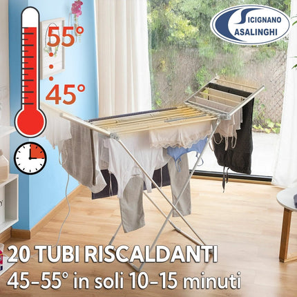 General Trade Stendibiancheria Elettrico a Cavalletto con Ali 260W – Struttura in Alluminio Pieghevole Antiruggine, 20 Tubi Riscaldanti, 15 Metri di Stenditura, Dimensioni 183,5x54x108 cm General Trade