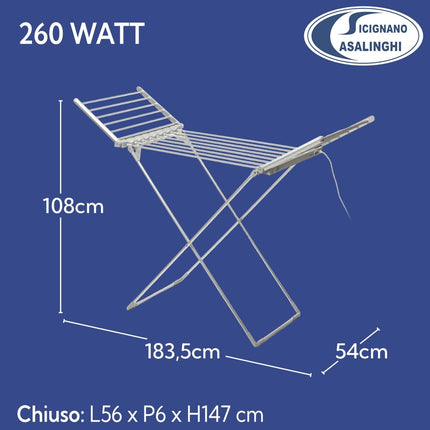 General Trade Stendibiancheria Elettrico a Cavalletto con Ali 260W – Struttura in Alluminio Pieghevole Antiruggine, 20 Tubi Riscaldanti, 15 Metri di Stenditura, Dimensioni 183,5x54x108 cm General Trade
